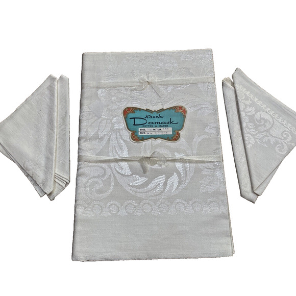 Vintage Damask Pattern #988 Ivory Tablecloth Napkins Set Cotton Rayon Japan NOS - Picture 3 of 7